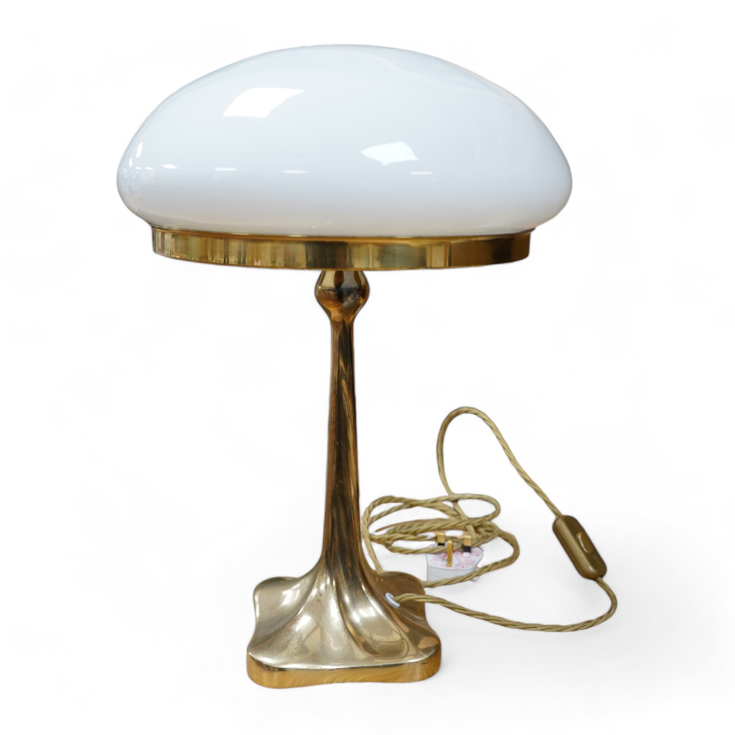 An English Retro brass mushroom style table lamp with opal shade, wired, 41cm high. Condition - good.